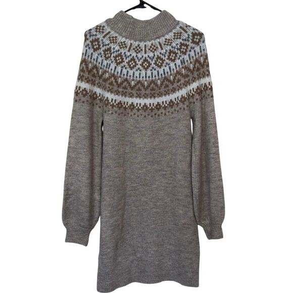 Abercrombie & Fitch Fair Isle Mock Neck Sweater Dress Size M Tan Beige Neutral - Picture 2 of 8